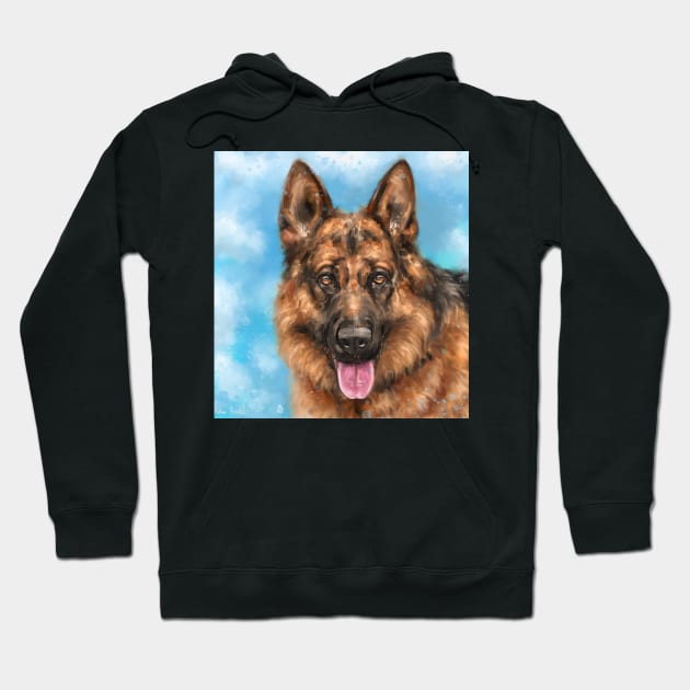 A Gorgeous German Shepherd Painting with his Tongue Out Blue Cloudy Background Hoodie by ibadishi